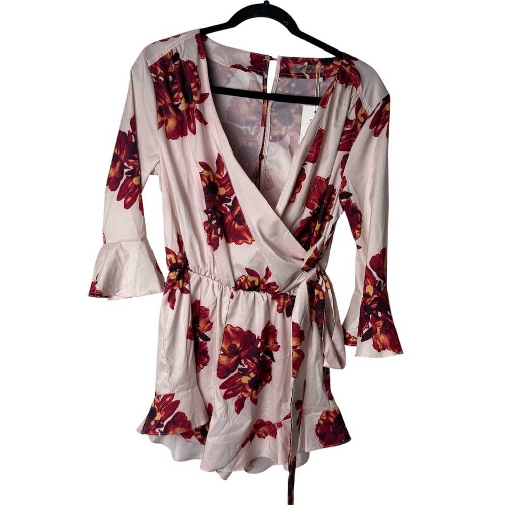 CupShe Floral Romper wrap side tie Blush with Burgundy Flowers